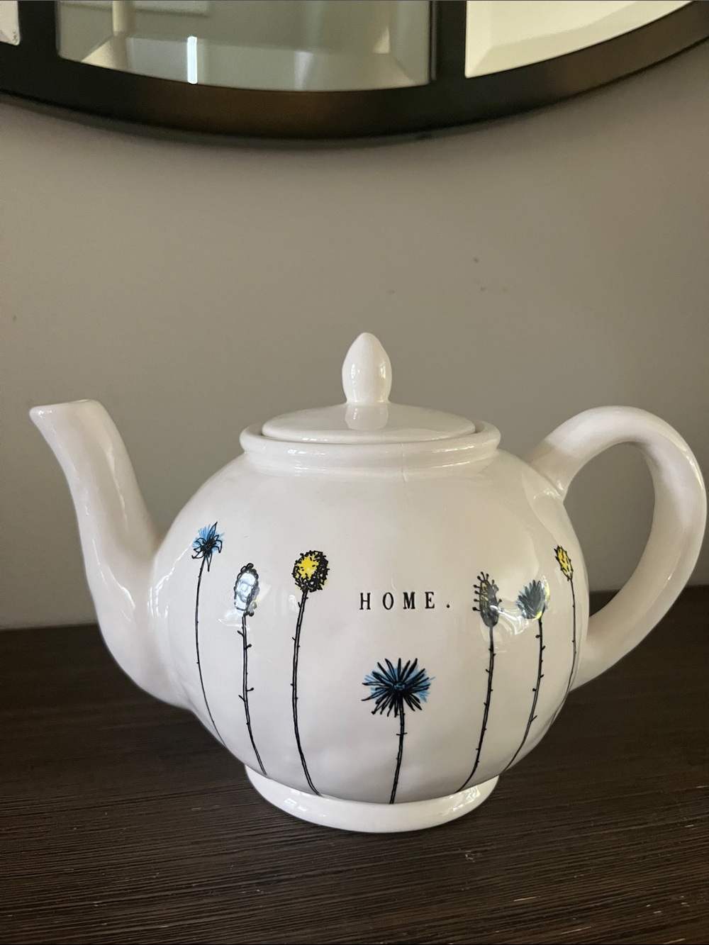 NwotyRae Dunn White Teapot with “Home” Blue and Yellow Floral Accents